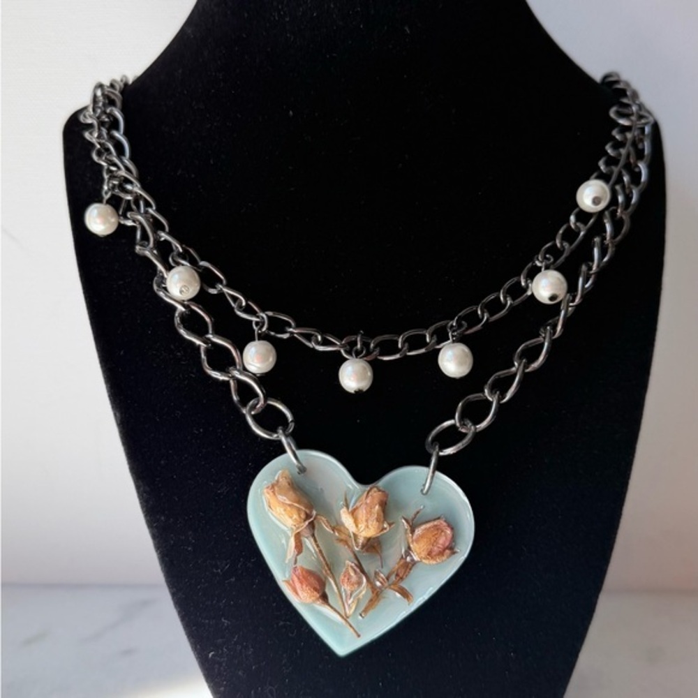 Handmade Blue Heart Pendant Necklace with natural Rose Detailing